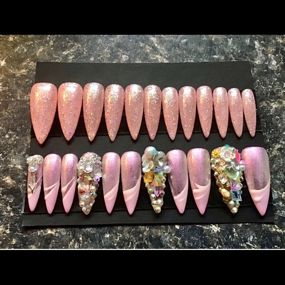 Pink champagne Xlong gel stiletto nail